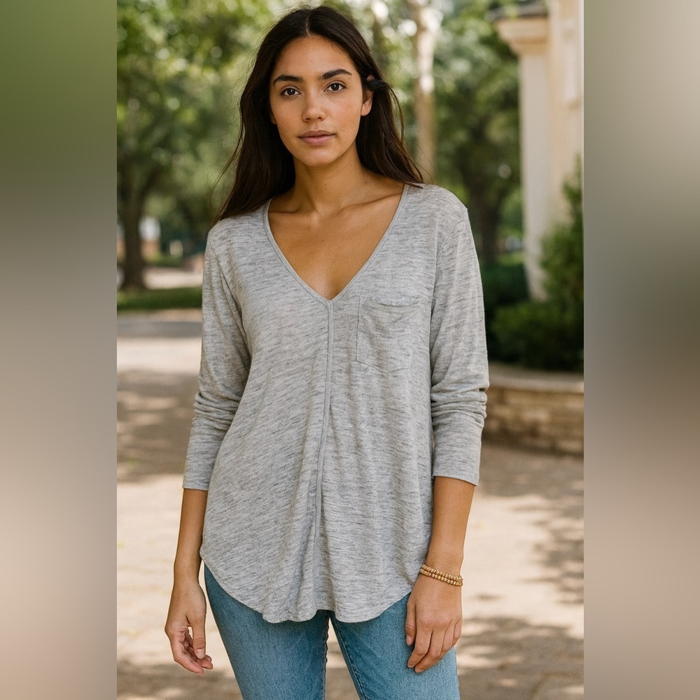 Anthropologie Bordeaux Seamed Linen Top Gray V-Neck ¾ Sleeve Tunic Size Small